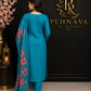 Turquoise Blue Floral Printed Kurta Pant Set with Embroidered Neckline and Matching Dupatta for Women.