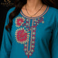 Turquoise Blue Floral Printed Kurta Pant Set with Embroidered Neckline and Matching Dupatta for Women.