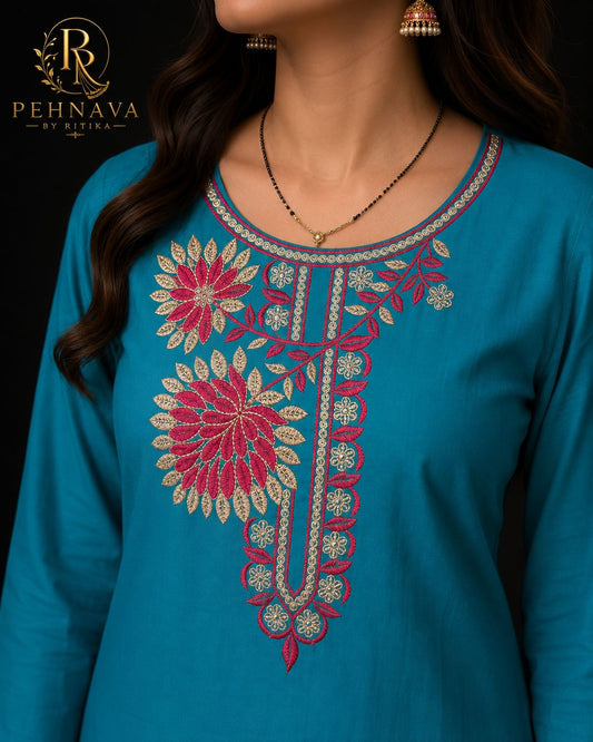 Turquoise Blue Floral Printed Kurta Pant Set with Embroidered Neckline and Matching Dupatta for Women.