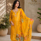 Mustard Yellow Embroidered Kurta Pant Set with Floral Printed Organza Dupatta for Women.