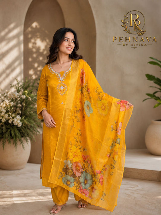 Mustard Yellow Embroidered Kurta Pant Set with Floral Printed Organza Dupatta for Women.