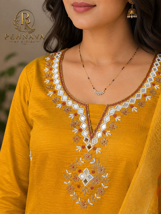 Mustard Yellow Embroidered Kurta Pant Set with Floral Printed Organza Dupatta for Women.