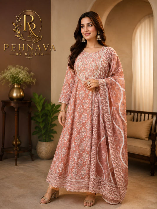 Dusty Rose Floral Printed Anarkali Suit Set with Elegant Dupatta for Women