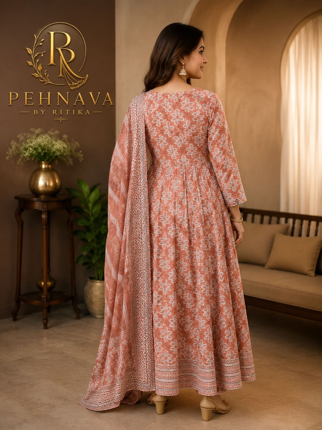 Dusty Rose Floral Printed Anarkali Suit Set with Elegant Dupatta for Women