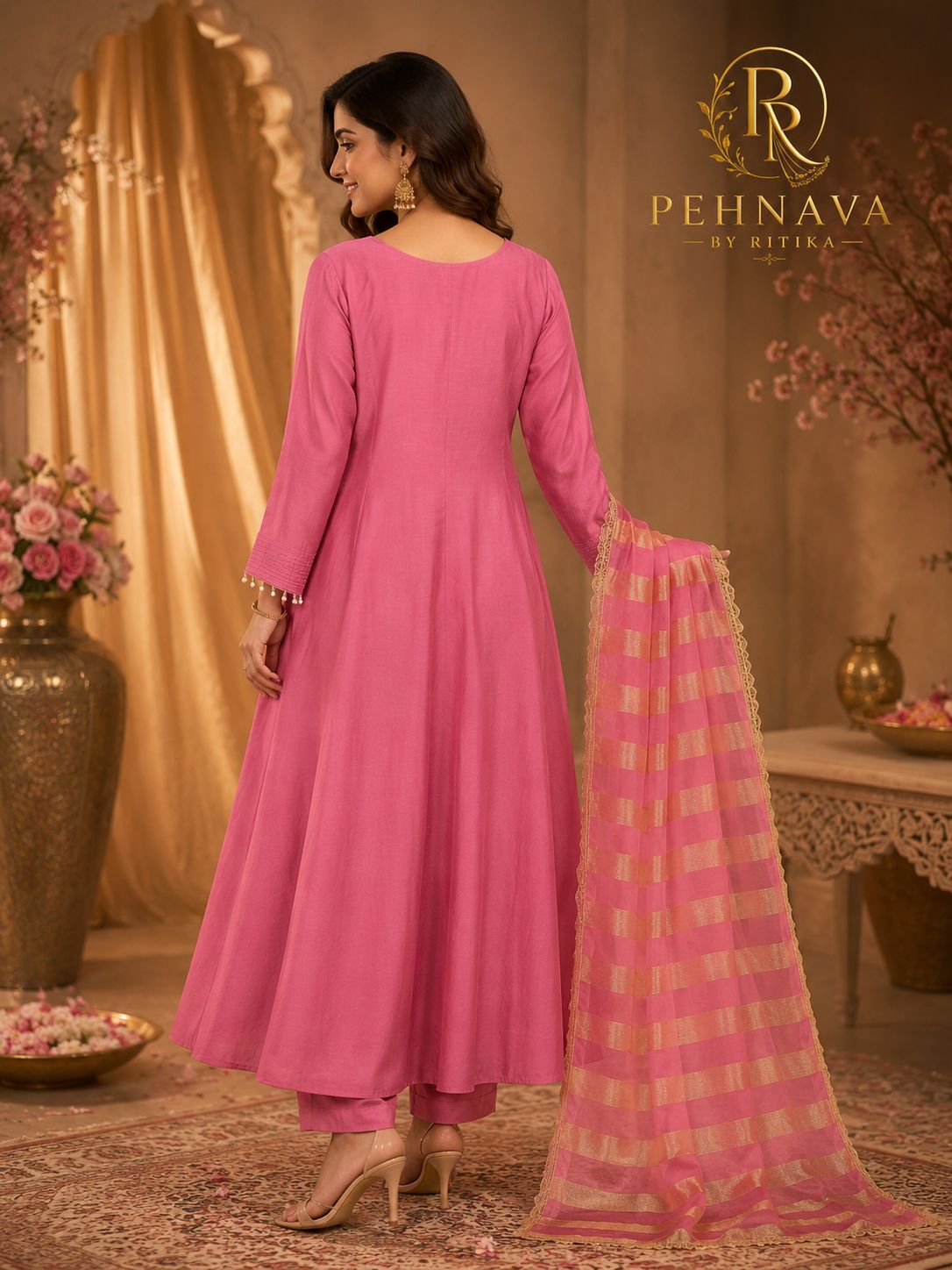 Rani Pink Floral Embroidered Kurta Pant Set with Organza Dupatta for Women.
