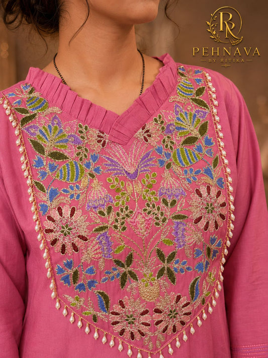 Rani Pink Floral Embroidered Kurta Pant Set with Organza Dupatta for Women.