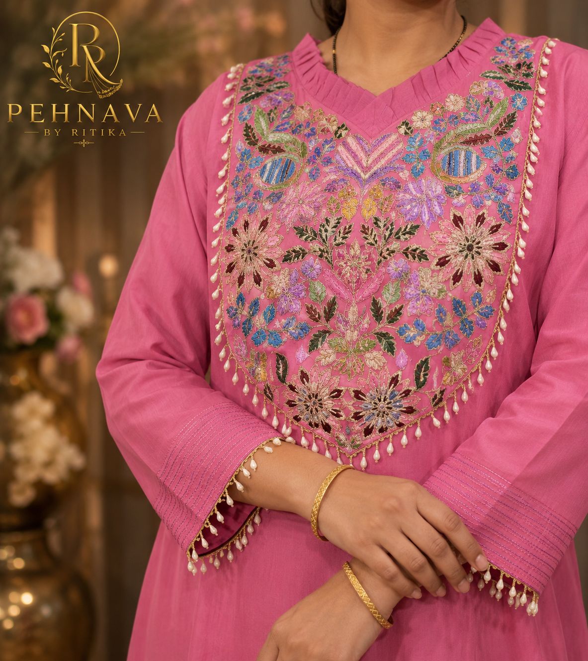 Rani Pink Floral Embroidered Kurta Pant Set with Organza Dupatta for Women.
