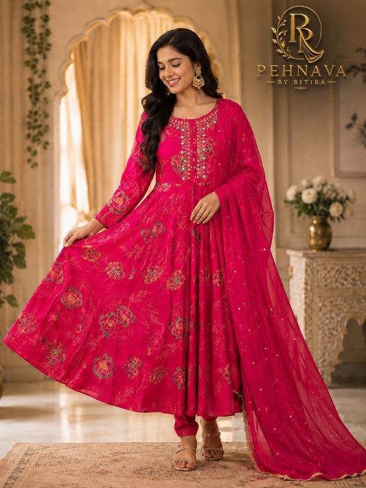Fuchsia Pink Floral Printed Anarkali Suit Set with Embellished Dupatta for Women
