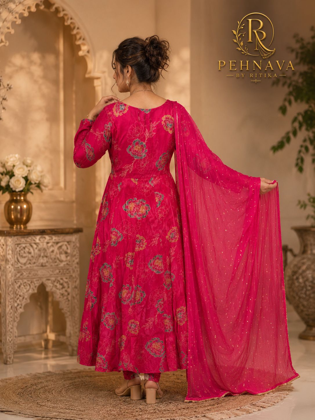 Fuchsia Pink Floral Printed Anarkali Suit Set with Embellished Dupatta for Women