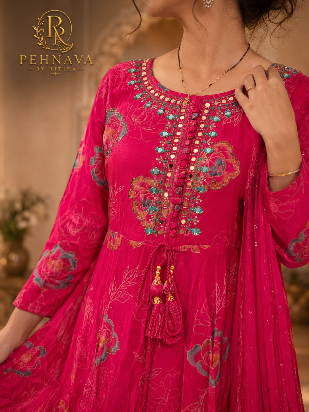 Fuchsia Pink Floral Printed Anarkali Suit Set with Embellished Dupatta for Women