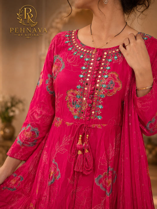 Fuchsia Pink Floral Printed Anarkali Suit Set with Embellished Dupatta for Women