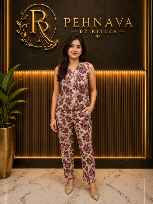 Beige Floral Printed Cotton Co-Ord Set for Women