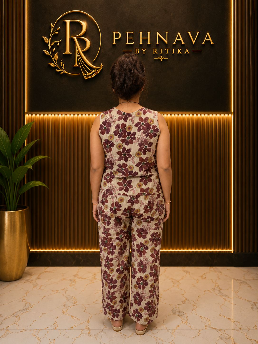 Beige Floral Printed Cotton Co-Ord Set for Women