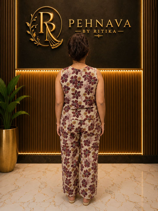 Beige Floral Printed Cotton Co-Ord Set for Women