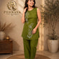 Olive Green Embroidered Cotton Co-Ord Set for Women