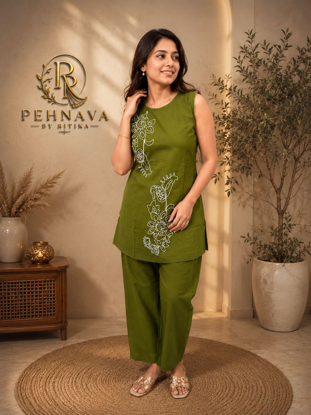 Olive Green Embroidered Cotton Co-Ord Set for Women