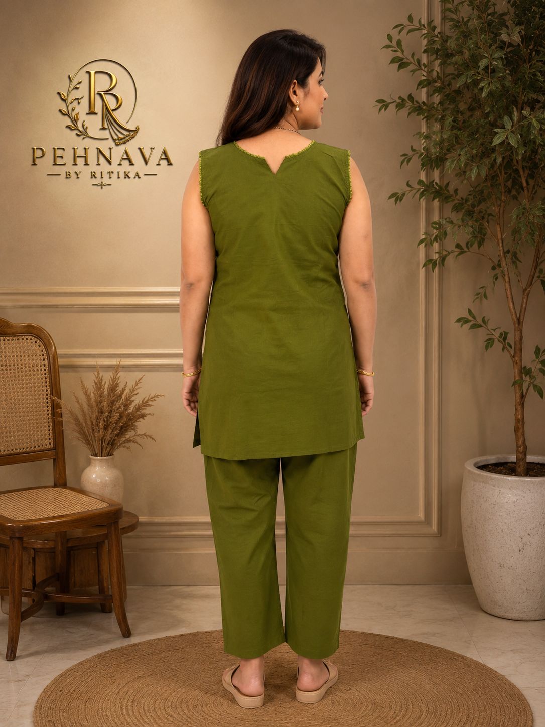 Olive Green Embroidered Cotton Co-Ord Set for Women