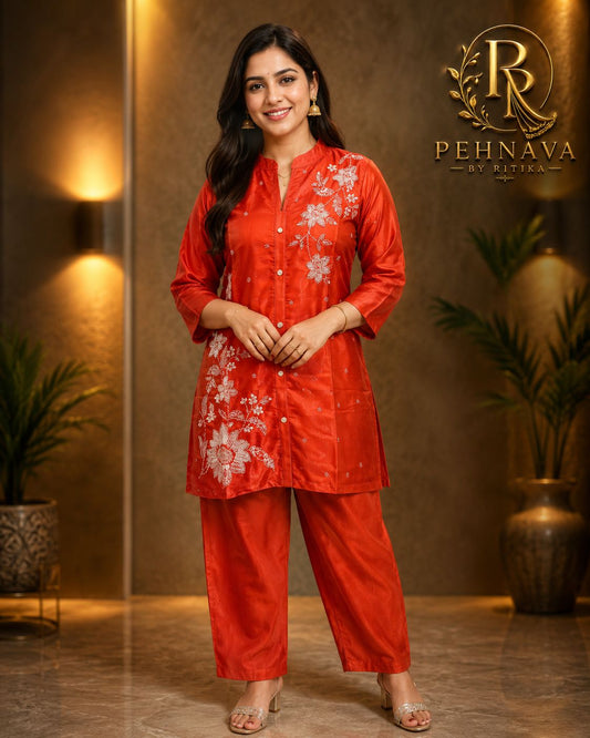 Rust Orange Embroidered  Co-Ord Set for Women