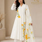 White Floral Printed Cotton Anarkali Suit Set with Matching Dupatta for Women