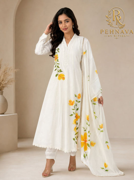 White Floral Printed Cotton Anarkali Suit Set with Matching Dupatta for Women