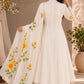 White Floral Printed Cotton Anarkali Suit Set with Matching Dupatta for Women