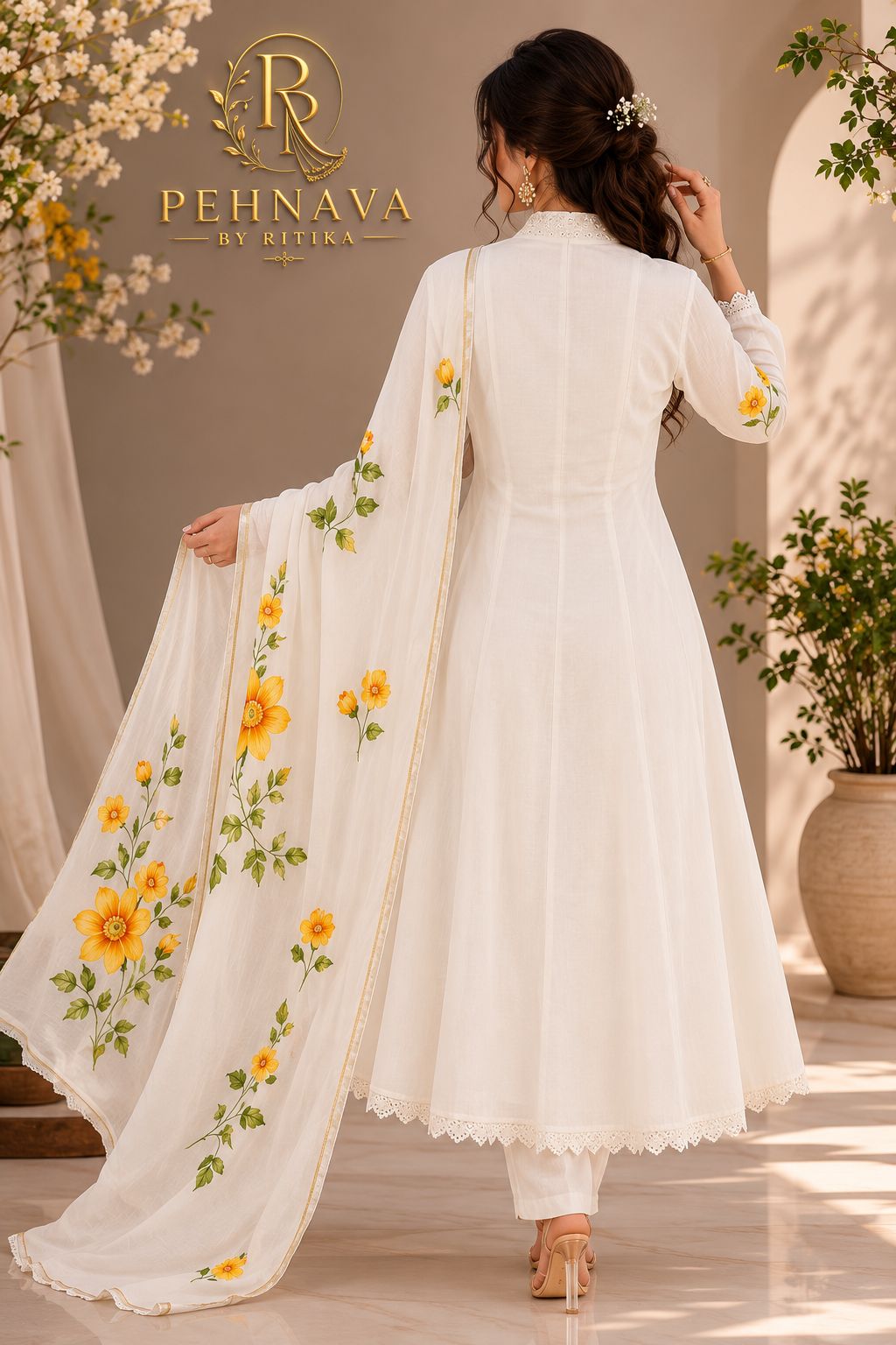 White Floral Printed Cotton Anarkali Suit Set with Matching Dupatta for Women