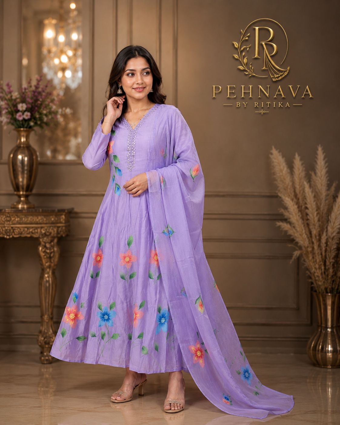 Lavender Floral Printed Anarkali Suit Set with Matching Dupatta for Women