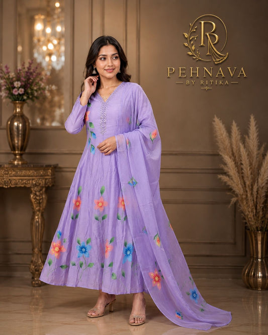 Lavender Floral Printed Anarkali Suit Set with Matching Dupatta for Women