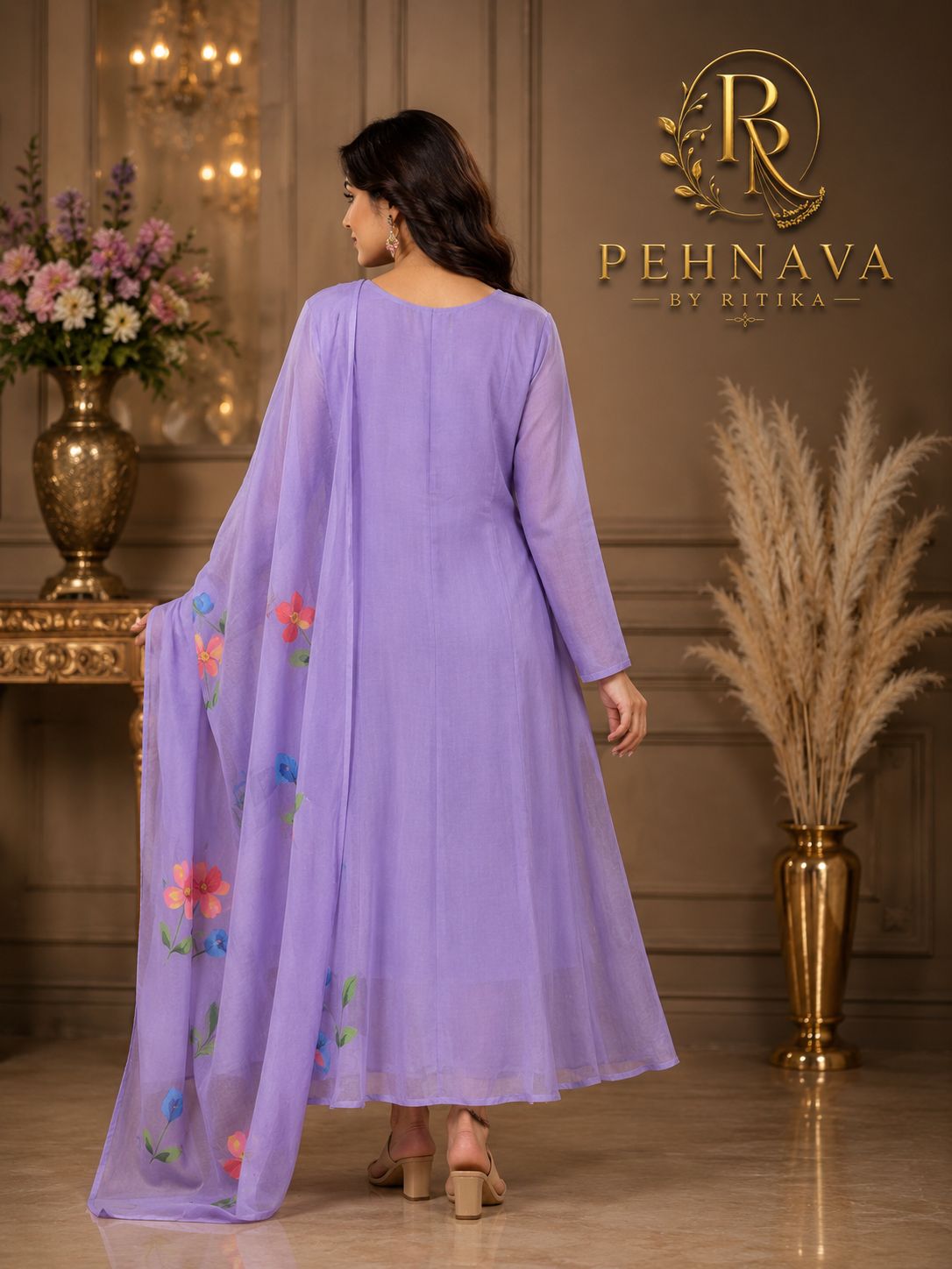 Lavender Floral Printed Anarkali Suit Set with Matching Dupatta for Women