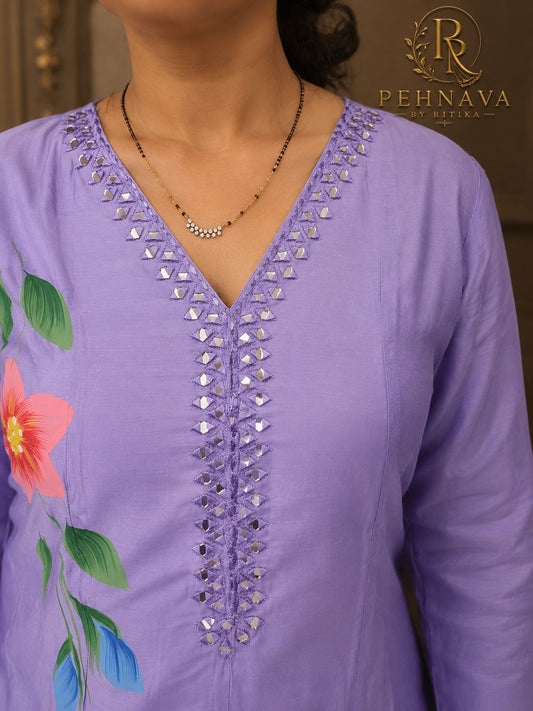 Lavender Floral Printed Anarkali Suit Set with Matching Dupatta for Women