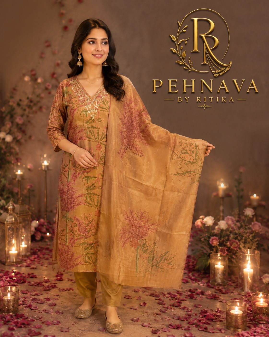 Mustard Beige Floral Printed Muslin Kurta Pant Set with Matching Dupatta for Women