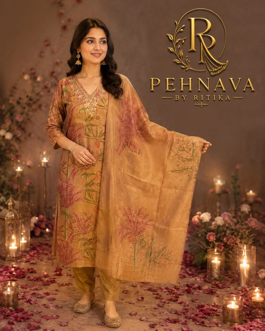 Mustard Beige Floral Printed Muslin Kurta Pant Set with Matching Dupatta for Women
