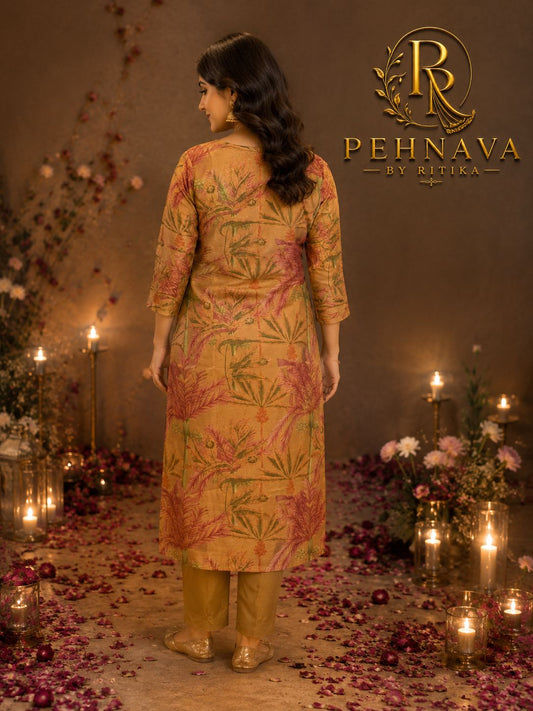 Mustard Beige Floral Printed Muslin Kurta Pant Set with Matching Dupatta for Women
