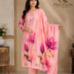 Blush Pink Floral Printed Cotton Kurta Pant Set with Matching Dupatta for Women