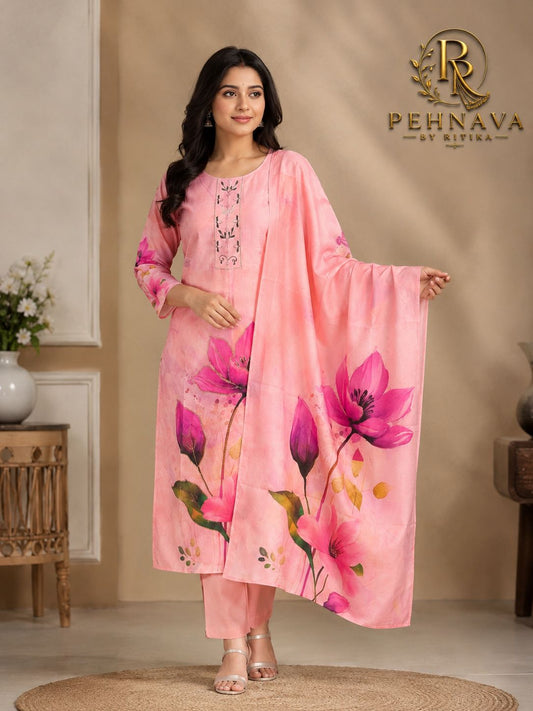 Blush Pink Floral Printed Cotton Kurta Pant Set with Matching Dupatta for Women
