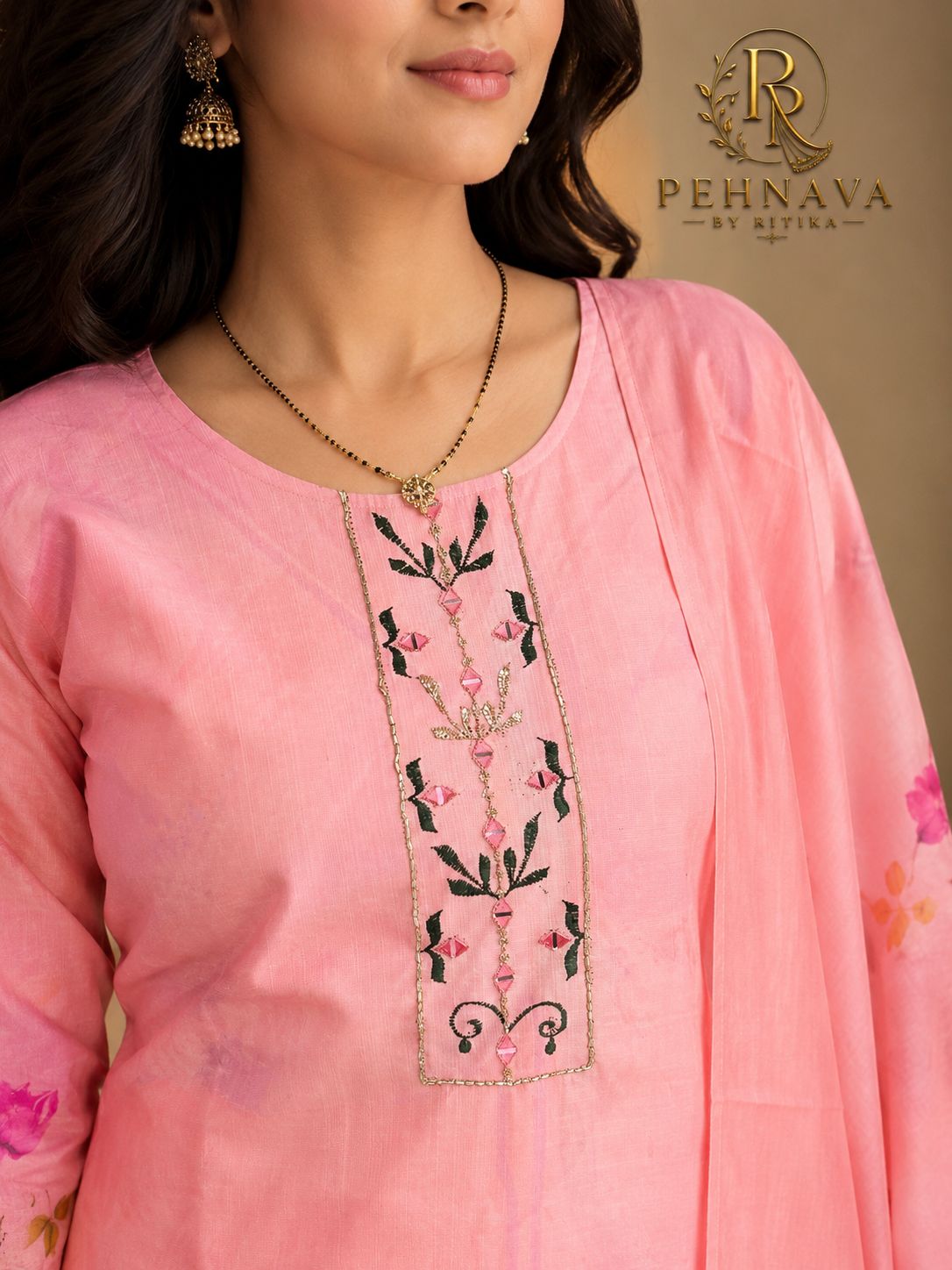 Blush Pink Floral Printed Cotton Kurta Pant Set with Matching Dupatta for Women