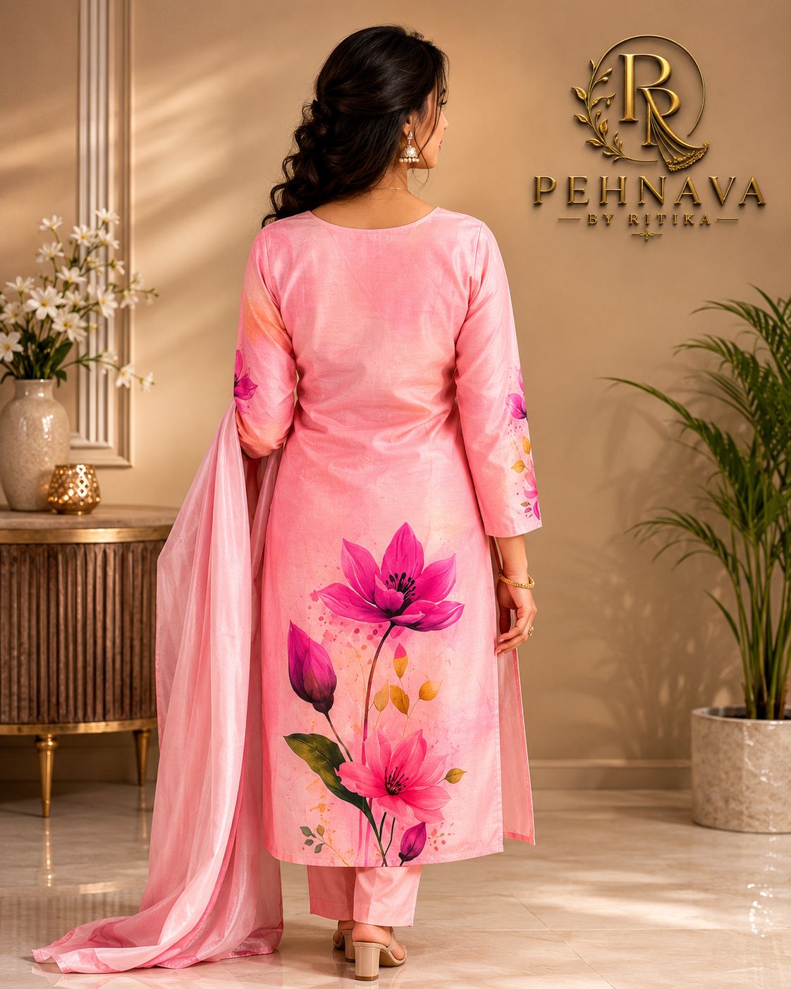 Blush Pink Floral Printed Cotton Kurta Pant Set with Matching Dupatta for Women