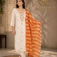 Off White Embroidered muslin Cotton Kurta Pant Set with Orange Striped Dupatta for Women.