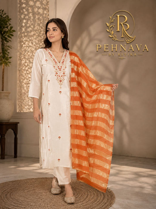 Off White Embroidered muslin Cotton Kurta Pant Set with Orange Striped Dupatta for Women.