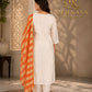 Off White Embroidered muslin Cotton Kurta Pant Set with Orange Striped Dupatta for Women.