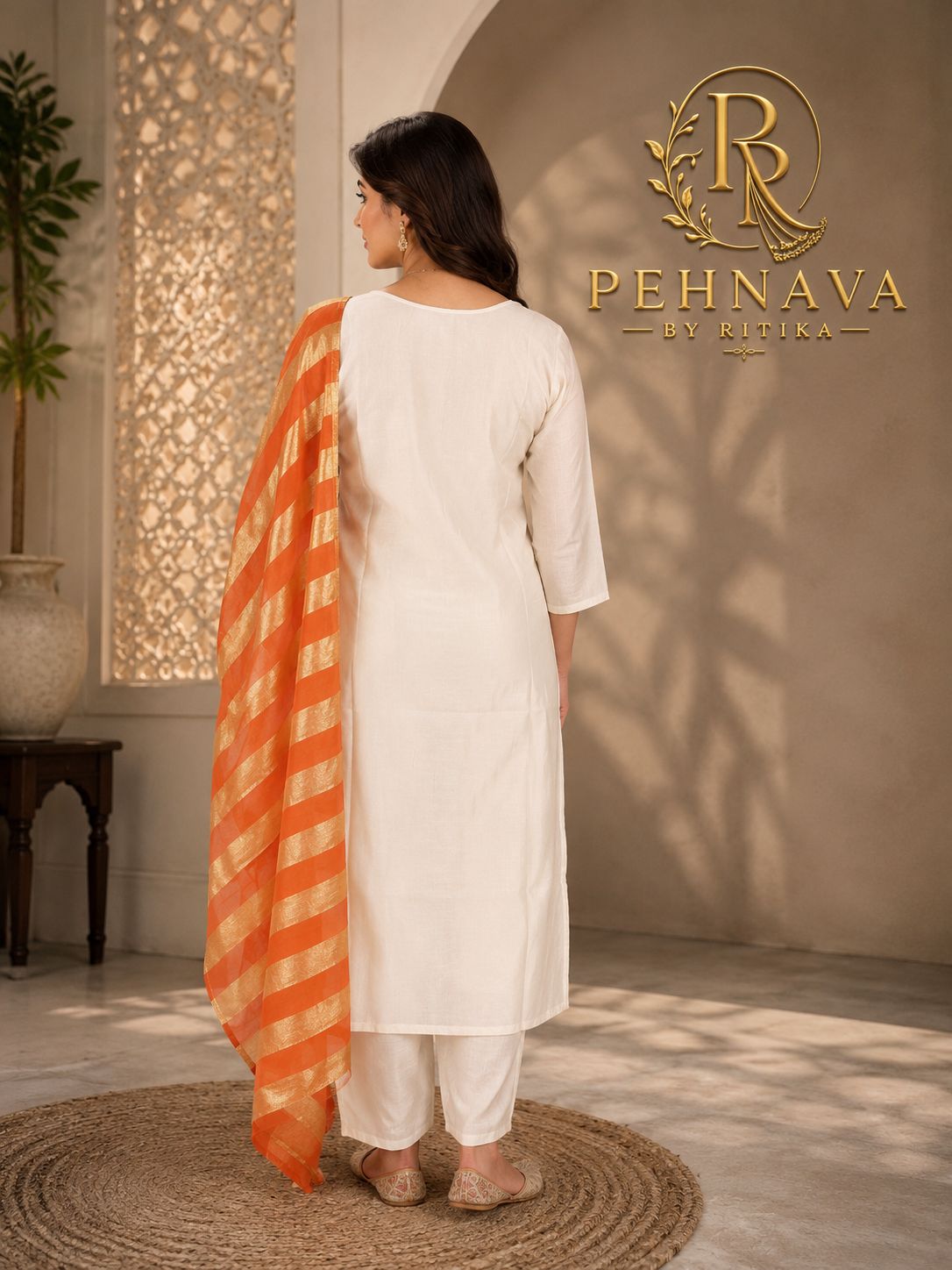 Off White Embroidered muslin Cotton Kurta Pant Set with Orange Striped Dupatta for Women.