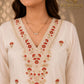 Off White Embroidered muslin Cotton Kurta Pant Set with Orange Striped Dupatta for Women.