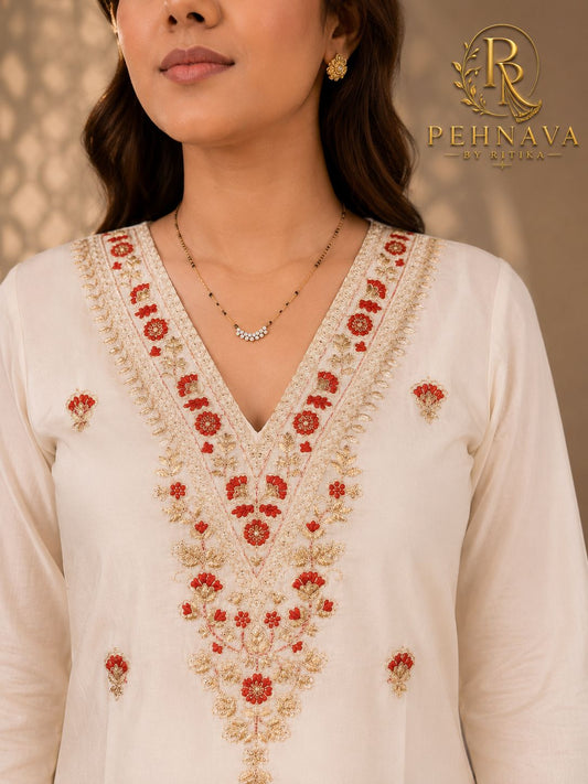 Off White Embroidered muslin Cotton Kurta Pant Set with Orange Striped Dupatta for Women.